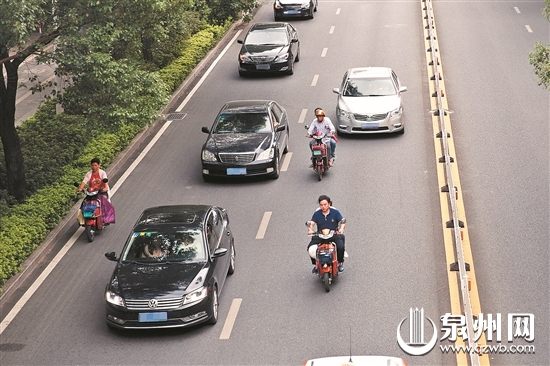 市區(qū)津淮街刺桐公園段，電動(dòng)車在機(jī)動(dòng)車道上穿梭。（陳曉東 攝）